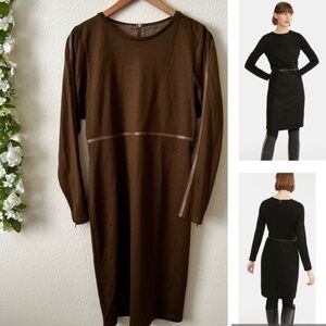 MaxMara 100% Virgin Wool Leather Trim Long Sleeve Knit Sheath Dress